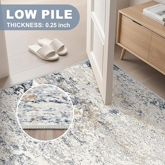 Area Rug Living Room Rugs - 5x7 Abstract Large Soft Indoor Washable Rug Neutral Modern Low Pile Carpet for Bedroom Dining Room Farmhouse Home Office - Beige Blue