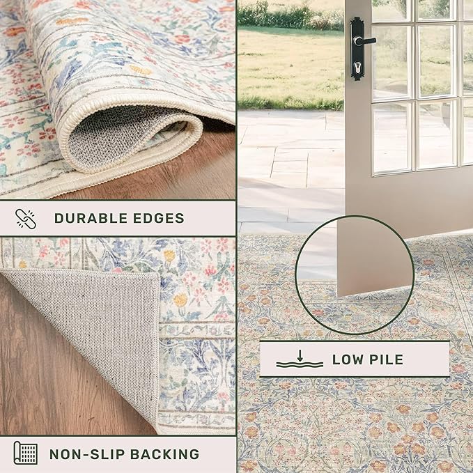 Washable Dining Room Rugs, 7x9 Area Rug for Living Room, Bedroom, Kids Playroom, Low Pile Non-Slip Lightweight & Stain Resistance - Light Beige Blue Oriental Vintage Design