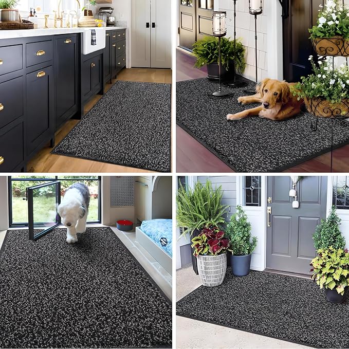 Mibao Front Door Mat, Dirt Trapper Welcome Mat for Outdoor Indoor, Non-Slip Waterproof Doormat, Durable Machine Washable Low Profile Entry Rug for Back Door Outside Patio Porch, 36" x 24", Black