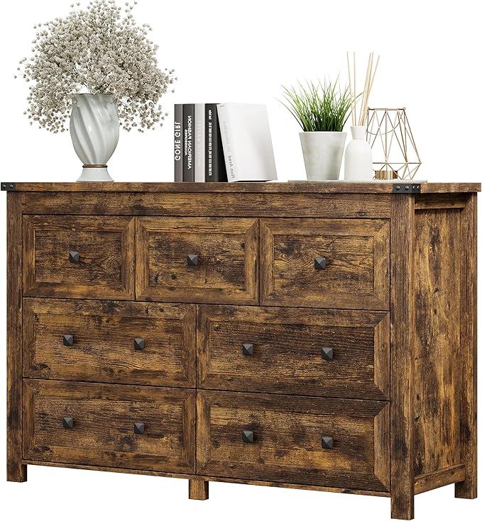 Dresser for Bedroom with 7 Drawers, Farmhouse Wood Chest of Drawers, Wide TV Stand Closet Storage Furniture with Metal Handle, Modern Clothes Organizer for Hallway, Living Room, Entryway, Brown
