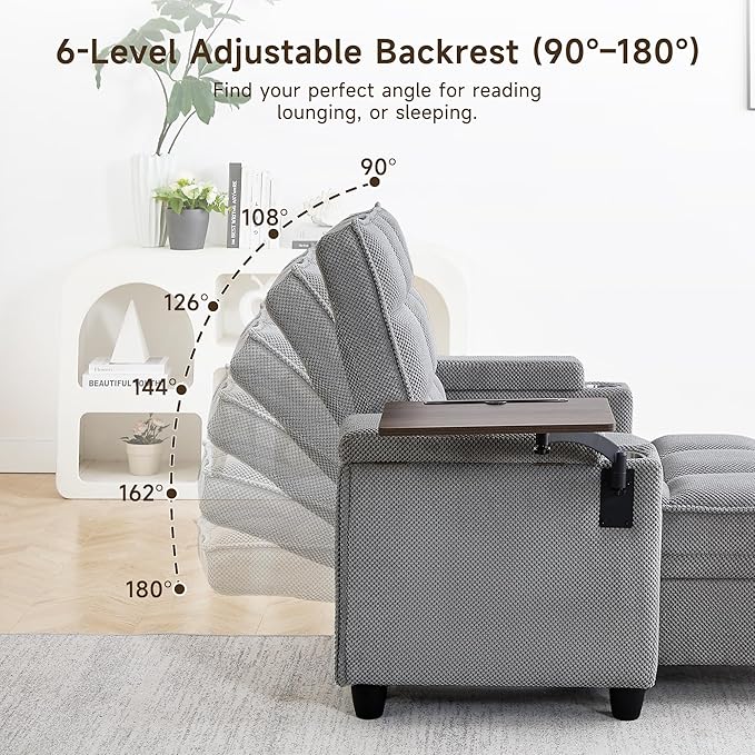 41.7" Chaise Lounge Chair Indoor, Oversized Boucle Upholstered Sofa Bed, Adjustable Backrest Deep Seat Reading Chair, Sofas Couches for Living Room with Storage, Cup Holders & 360° Swivel Side Table