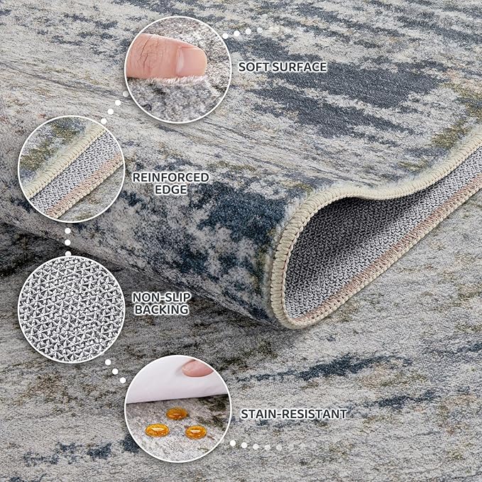 Area Rug Living Room Rugs - 6x9 Washable Large Soft Indoor Neutral Modern Abstract Low Pile Rug Carpet for Bedroom Dining Room Farmhouse Home Office - Blue/Grey/Brown