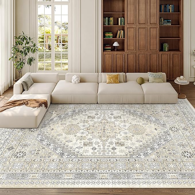 zesthome 8x10 Area Rugs for Living Room,Non-Slip Backing Washable Rugs,Vintage Large Area Rug，Stain Resistant Home Decor Rug (Beige,8'x10')