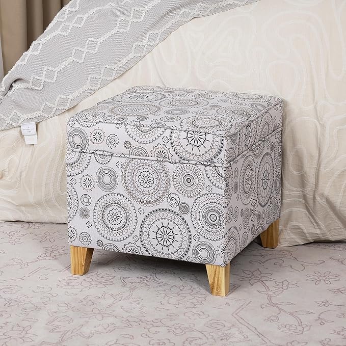Adeco 17" Square Ottoman with Storage, Small Mandala-Persian Flower Pattern Storage Ottoman Foot Rest with Hinged Lid & Solid Wood Legs, Linen Fabric Foot Stool for Living Room & Bedroom