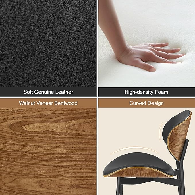 Art Leon Genuine Leather Dining Chairs Set of 2, Mid Century Modern Chair, Upholstered Kitchen Dining Room Chairs, Armless Accent Chair with Black Walnut Bendwood, Black