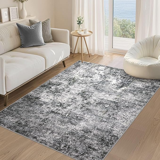 Area Rug Living Room Rugs - 4x6 Large Soft Indoor Neutral Modern Abstract Low Pile Washable Rug Carpet for Bedroom Dining Room Farmhouse Home Office - Grey