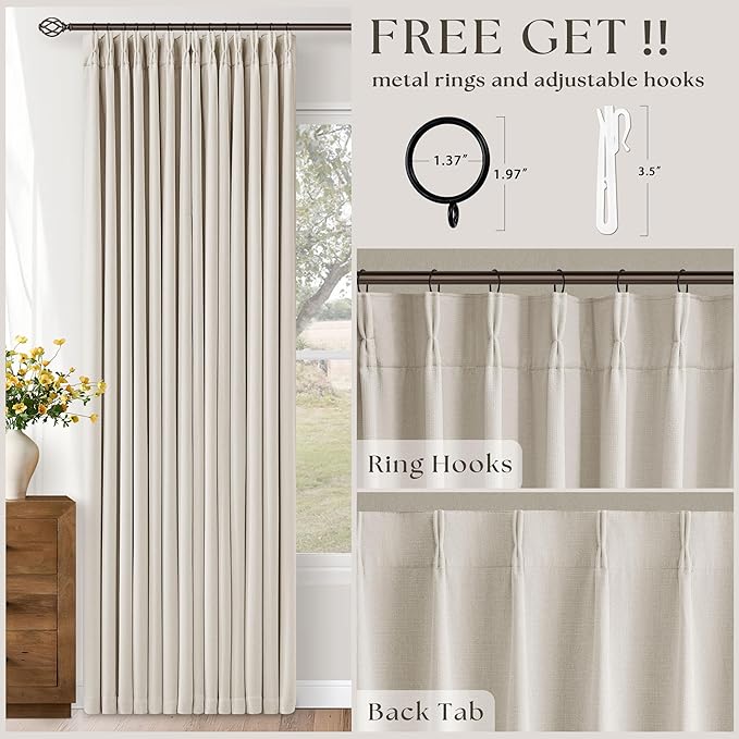 105 Inch Blackout Linen Curtains Pinch Pleat for Bedroom Living Room Darkening Neutral Pleated 100% Black Out Thermal Insulated Window Drapes Double Layer Soundproof Curtains 2 Panels Ivory Natural
