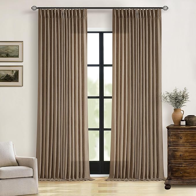 Dutch Cocoa 90 Inch Linen Curtains Pinch Pleated for Living Room Bedroom Dining Boho Brown Light Filtering Pinch Pleat Drapes Hooks Rings Back Tab Semi Sheer Dark Brown Window Curtains 2 Panels