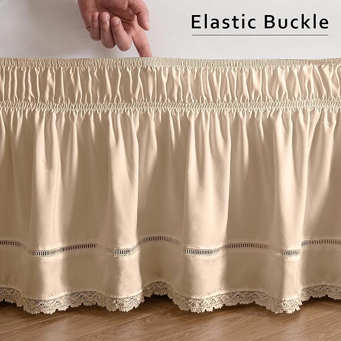 MIYE Wrap Around Ruffled Lace Bed Skirt, Elastic Dust Ruffle with Adjustable Belts, Easy to Put On, Bed Frame Cover, Machine Washable (Floral Lace/Beige, Full/Twin-12.5" Drop)