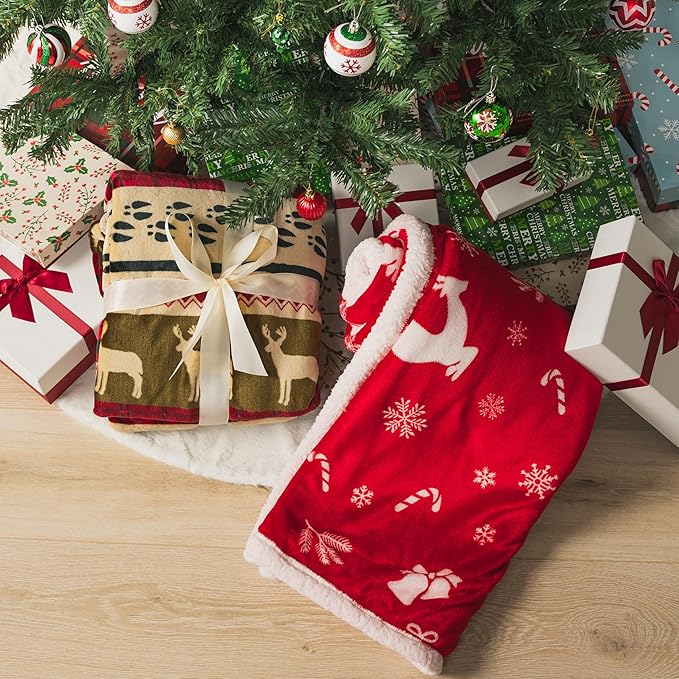 Pavilia Christmas Sherpa Blanket Throw Queen Bed - Red Flannel Fleece Christmas Decoration - Plush, Warm, Soft, Cozy Reversible Winter Holiday Blanket 90x90
