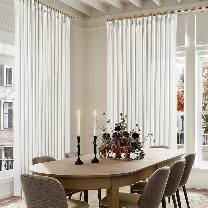 Beige White Pinch Pleated Extra Wide Curtain Panels 90 Inches Long 100 Wide Linen Curtain for Sliding Glass Door Semi Sheer Hooks Rings Privacy 90 Inch Length Drape for Living Room 100x90 1 Panel