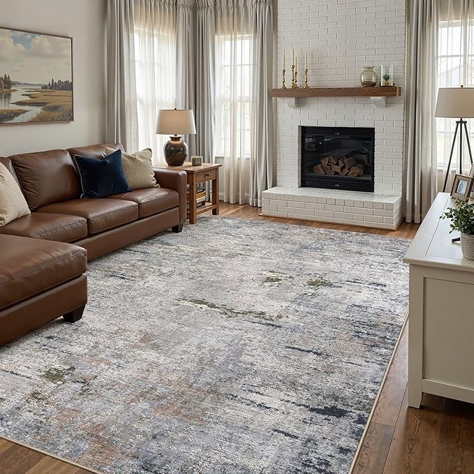 Area Rug Living Room Rugs - 6x9 Washable Large Soft Indoor Neutral Modern Abstract Low Pile Rug Carpet for Bedroom Dining Room Farmhouse Home Office - Blue/Grey/Brown
