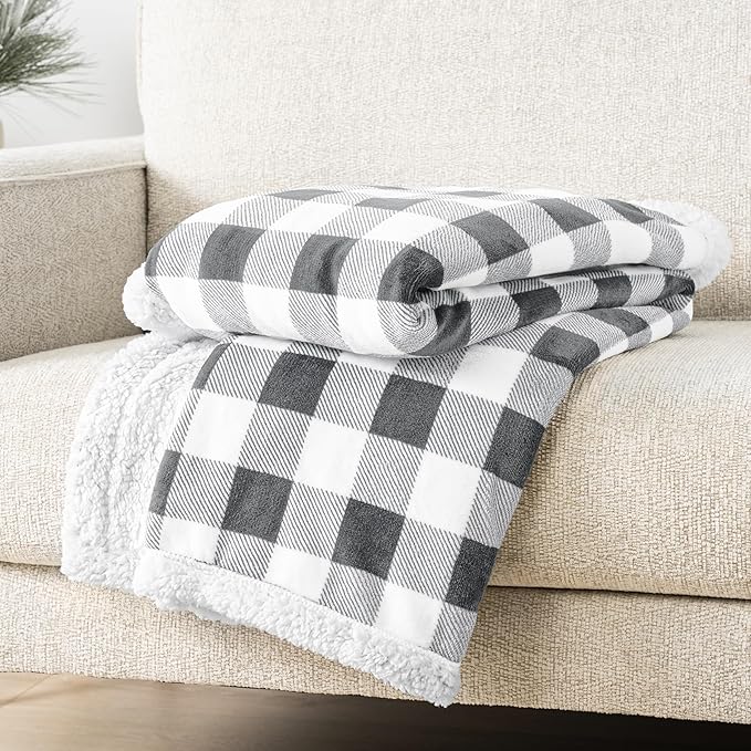 PAVILIA Light Grey Buffalo Plaid Sherpa Throw Blanket for Couch Twin, Soft Fuzzy Flannel Blanket for Bed, Plush Checkered Fleece Blanket and Throws, Warm Thick Winter Blanket Gift, 60x80