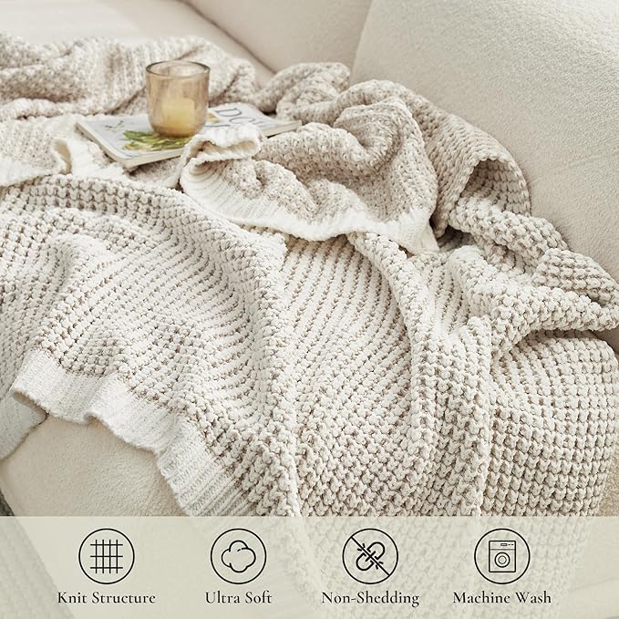 Amélie Home Waffle Chenille Throw Blanket for Couch, Pineapple Stitch Knit Soft Cozy Knit Blanket Decorative Throw for Sofa, Chair, 60"x80", Beige&Ivory
