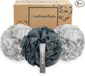 myHomeBody Large 70g Loofah Sponge, Body Scrubber, Bath Sponge, Loofah for Women, Men, Exfoliating Sponge Shower Pouf with Activated Charcoal - 2 Fog Gray + 1 Midnight Blue, 3 Pack