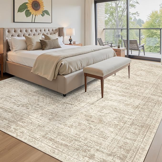 10x14 Area Rugs for Living Room, Non Slip Machine Washable Vintage Rugs, Low Pile Lightweight Large Rug for Bedroom, Dining Room, Home Office Beige