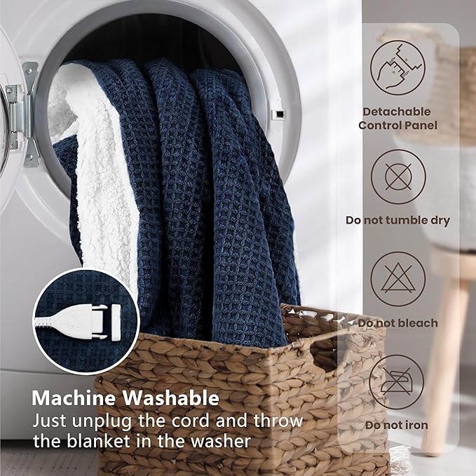 Heated Blanket Electric Throw Waffle, 50x60 Inches Sherpa Fleece Fast Heating Blanket 6 Heating Levels & 4 Hours Auto Off ETL Certification, Navy Throw