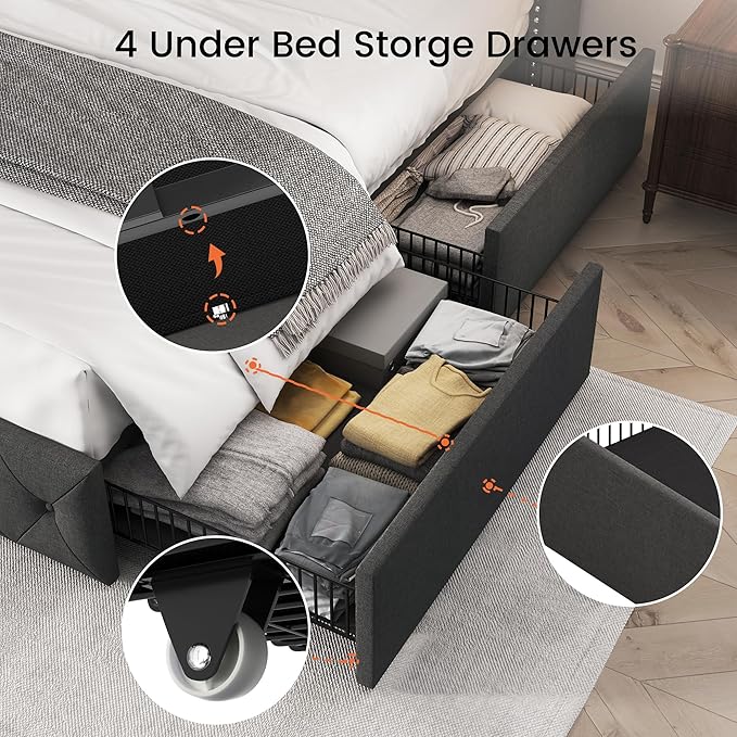 LARMACE Upholstered Queen Size Bed Frame with 4 Storage Drawers and Wingback Headboard Tufted Platform Bed Frame Linen Beds with Wooden Slats Support, Easy Assembly, Dark Grey