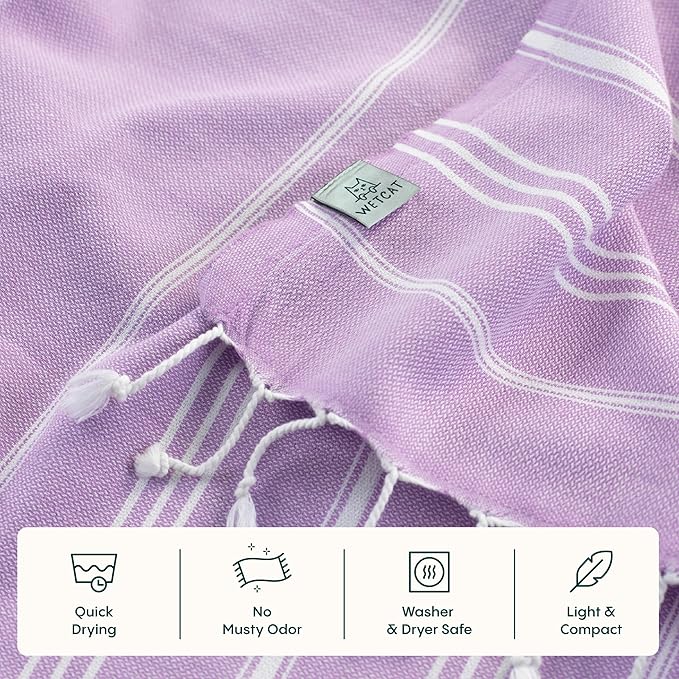 WETCAT Turkish Hand Towels with Hanging Loop, Set of 2 (20" x 30") 100% Turkish Cotton, Pre-Washed, Quick Drying, for Kitchen or Bathroom - Lilac