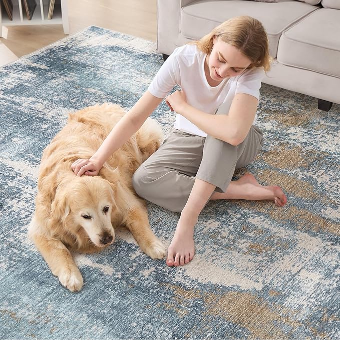 Area Rug Living Room Rugs - 6x9 Washable Soft Indoor Neutral Modern Abstract Low Pile Rug Carpet for Bedroom Dining Room Farmhouse Home Office - Blue Brown