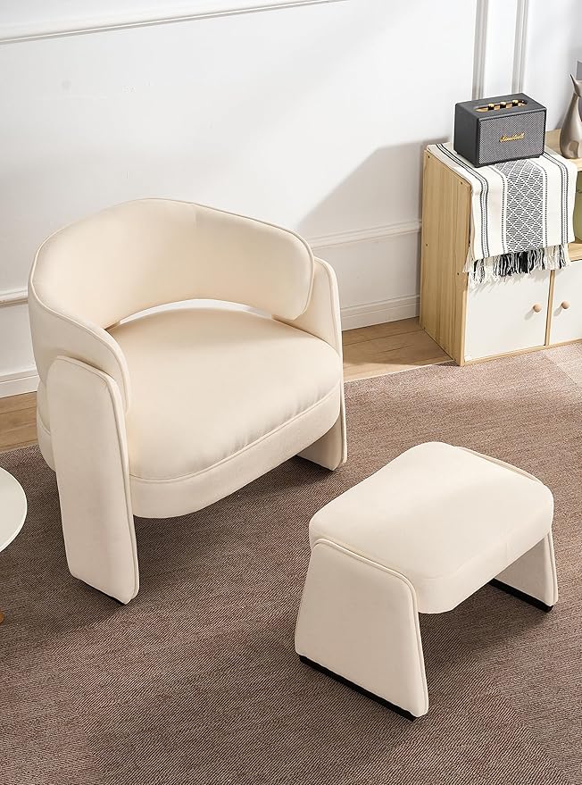 LOULENS Accent Chair with Ottoman, Oversized Barrel Chair, Modern Upholstered Comfy Armchair for Living Room, Bedroom, Reading Room & Corner, Beige