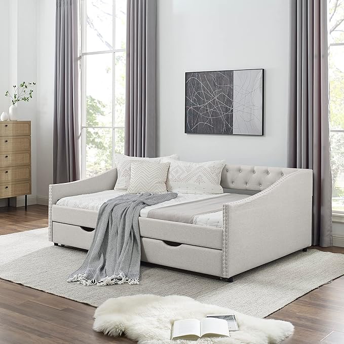Favfurish Full Size Daybed with 2 Storage Drawers,Linen Upholstered Sofa Bed W/Button on Back & Copper Nail on Waved Shape Armrests,No Spring Box Need,Wood Bedframe for Living Room Bedroom Dorm,Beige
