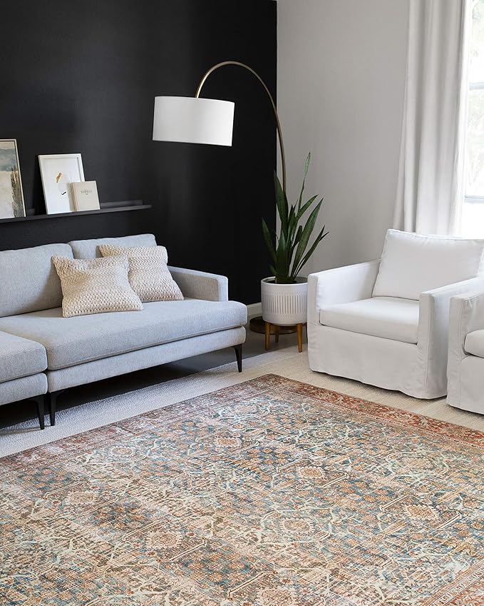 Loloi Layla Collection LAY-04 Ocean/Rust 3'-6" x 5'-6" .13" Thick Accent Rug, Soft, Durable, Vintage Inspired, Distressed, Low Pile, Non-Shedding, Easy Clean, Printed, Living Room Rug