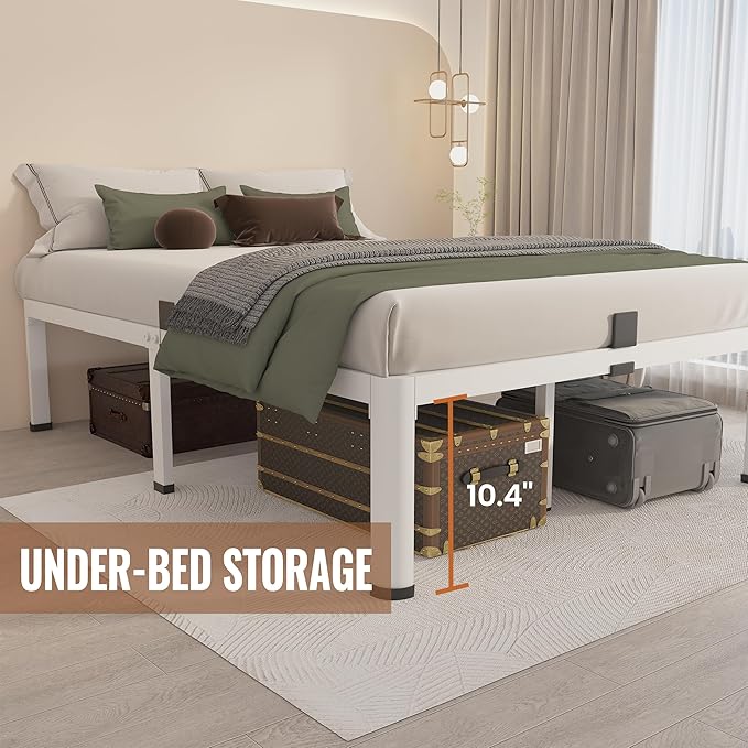 MAF 12 Inch Queen Metal Platform Bed Frame White with Round Corner Legs, Mattress Slide Stopper, 3000 LBS Heavy Duty Steel Slats Support, Noise Free, No Box Spring Needed, Easy Assembly