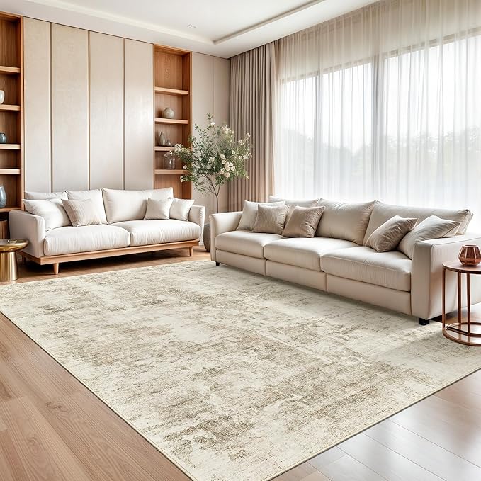 10x14 Area Rugs for Living Room, Non Slip Machine Washable Vintage Carpets, Low Pile Lightweight Large Rug for Bedroom, Dining Room, Home Office Beige Gray