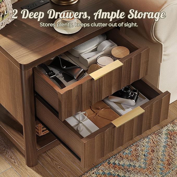 Huuger 27.6 Inch Tall Night Stand with Charger Station, USB-C Port, Fluted Nightstand with 2 Deep Drawers, Larger Wider Bed Side Table with Open Shelf, Bedroom Living Room End Table, Walnut