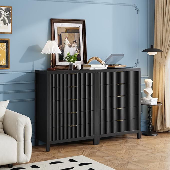 5 Drawer Dresser, 43" Tall Dresser Organizer TV Drawer Cabinet Modern Wood Storage Cabinet, Modern Wood Storage Cabinet for Bedroom, Hallway, Entryway, Black Oak X 2