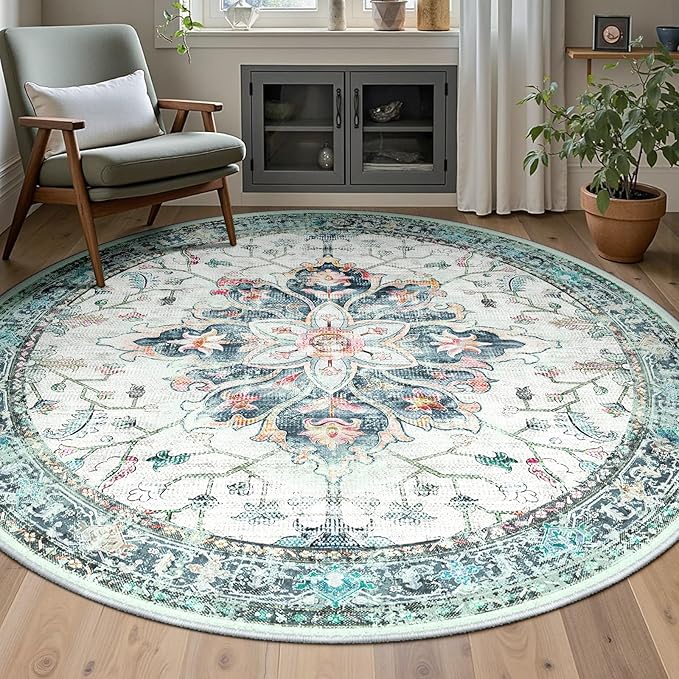 Area Rugs 6ft Washable Non-Slip, Floral Vintage Distress Print Pattern Medallion Carpet for Living Room Bedroom Dining Room, Green Navy Blue White Red Teal Colorful