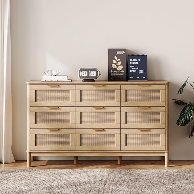 LINSY Rattan 9 Drawer Dresser for Bedroom, 58" Wide Mid-Century Modern Tall Chest of Drawers, Deep Storage Dresser with Curved Corner Design, Large Accent Wood Cabinet for Bedroom, Oak
