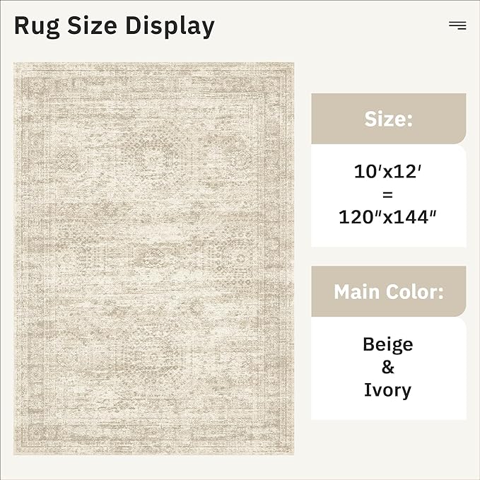 Area Rug 10x12 Vintage Washable Living Room Large Carpet Non Slip Bedroom Indoor Office Dining Room Low Pile Thin Rug Beige
