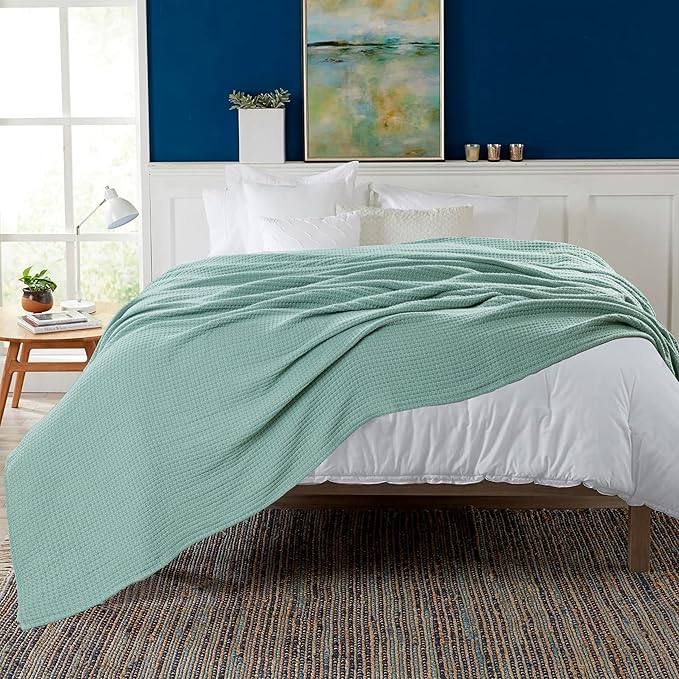 HILLFAIR 100% Soft Premium Combed Cotton Thermal Blanket– Twin XL Blankets – Soft Cozy Warm Bed Throw Twin Bed Blankets– All Season Cotton Blankets – Sage