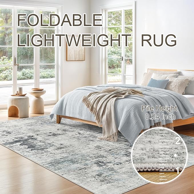 6x9 Abstract Area Rugs for Living Room 6 x 9 Washable Non Slip Low Pile Gray Rugs for Bedroom Dining Room Foldable Thin Gray Blue