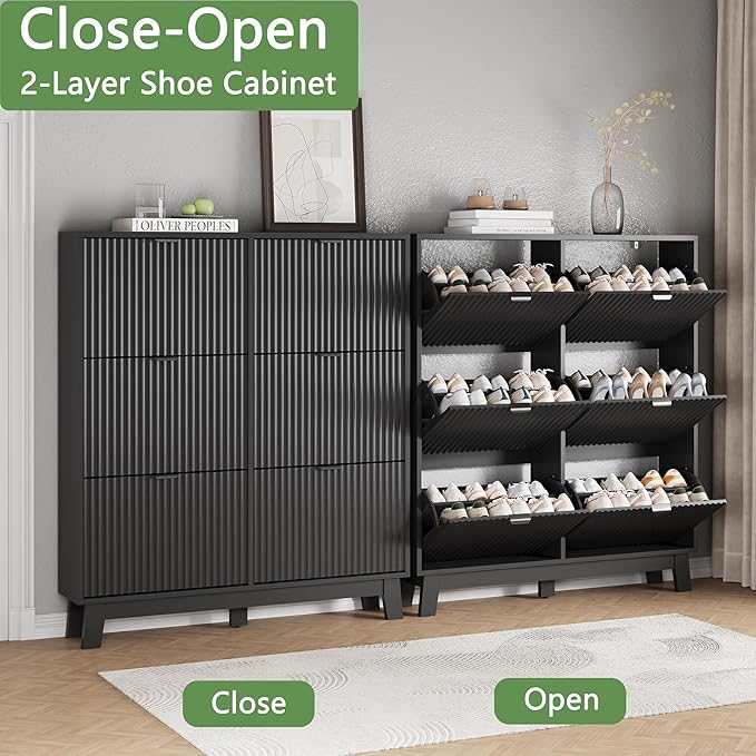 Shoe Cabinet with 6 Flip Drawers, 54" Tall Narrow Fluted Shoe Storage Organizer for Entryway, Hidden Slim Wooden Shoe Rack Cabinet for Front Door Entrance, Hallway, Living Room, Solid Black