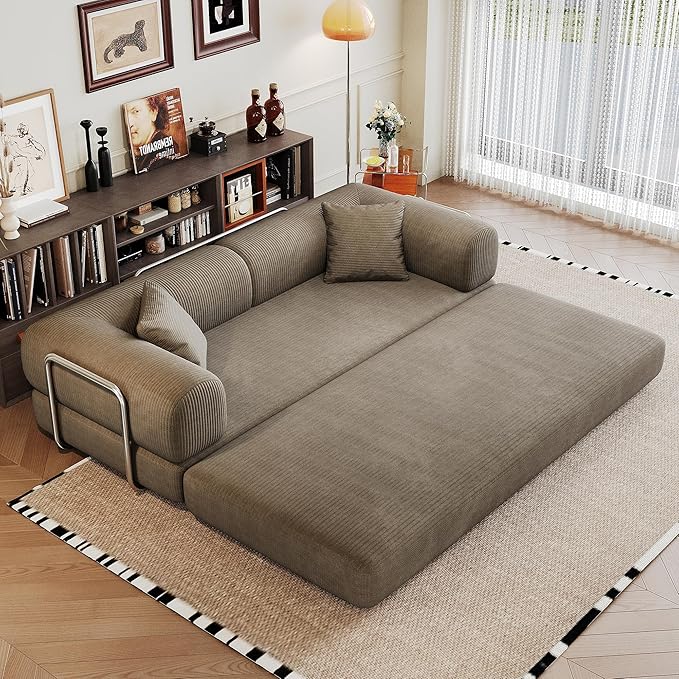 79" Convertible Sofa Bed with Fixed-Shape Frame, Corduroy Folding Pull Out Couch, No Assembly Modern Boneless Couch Compression Sofa in Box, Floor Sofa for Living Room,Camel