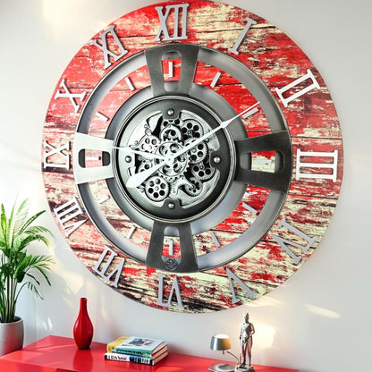 The Gears Clock Real Moving Gear Wall Clock England Line (Red Lava, 24 inches (60 cm))
