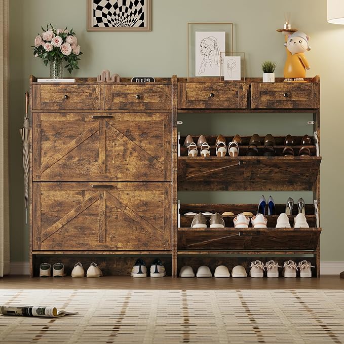 Shoe Storage Cabinet for Entryway, Farmhouse Narrow Shoe Cabinet with 2 Flip Drawers & Top Drawers, Adjustable Shelves & Hooks, Freestanding Hidden Rack Organizer for Hallway, Foyer