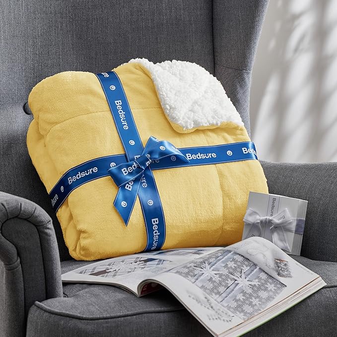 Bedsure GentleSoft Sherpa Fleece Throw Blanket for Couch - Thick and Warm Throw for Women and Men, Soft Fuzzy Plush Blanket for Winter, Yellow, 50x60 Inches