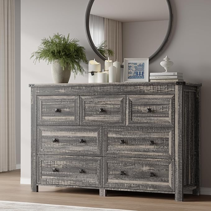 7-Drawer Dresser, Modern Wooden Storage Chest of Drawers, Dresser TV Stand, Wood Drawer Organizer with Metal Handles for Bedroom, Living Room, Hallway