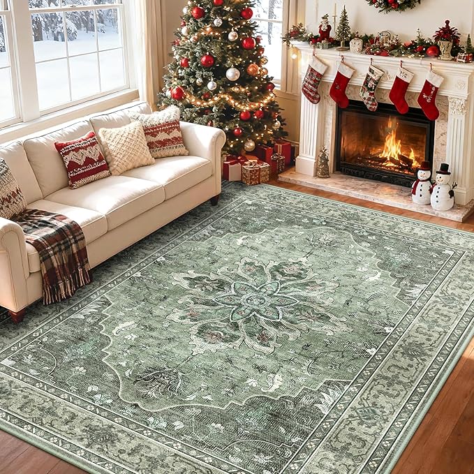 Area Rugs 6'x8' Washable Non-Slip, Floral Vintage Distress Print Pattern Medallion Carpet for Living Room Bedroom Dining Room, Dark Green Gray