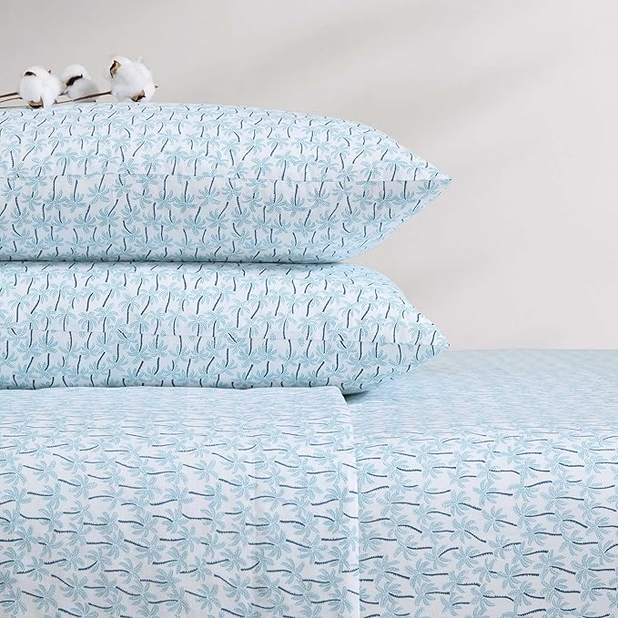 Tommy Bahama - King Sheet Set, Super Soft Cotton Percale Bedding with Matching Shams, Tropical Bedding Set, Oeko-Tex Certified (Palmtastic Blue, King)