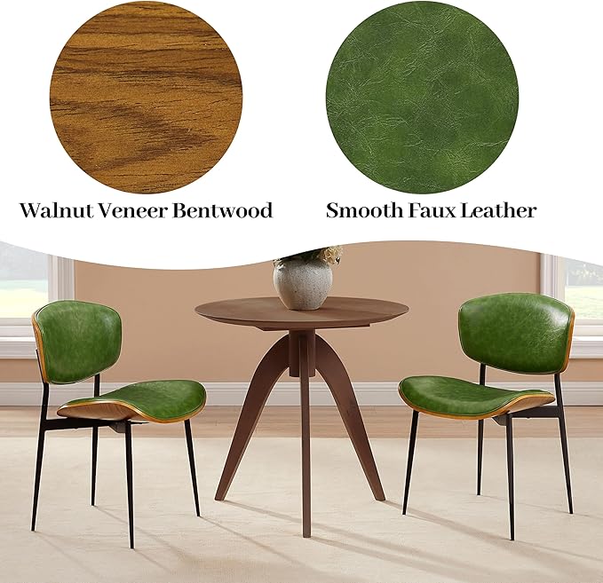 Art Leon Dining Chairs Set of 4 - Walnut Bentwood, Mid Century Modern Dining Room Chairs, Faux Leather Upholstered Desk Chair with Black Metal Legs, Green