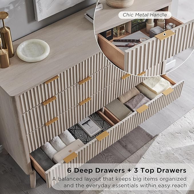 T4TREAM Fluted 9 Drawers Dresser, 54" Wide Modern Chest of Drawers, Curved Profile Design, Dresser TV Stand, Wood Drawer Organizer for Bedroom, Living Room, Hallway, White Alder