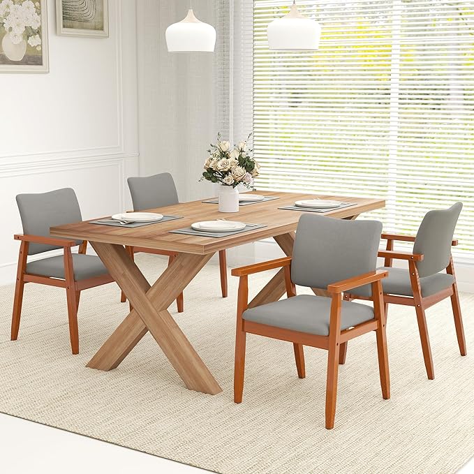 thksbought Mid Century Modern Walnut Dining Chairs Wood Arm Grey Fabric Kitchen Cafe Living Room Decor Furniture