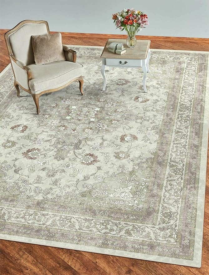 vivorug 4x6 Rug, Small Area Rug for Living Room, Bedroom, Kitchen, Machine Washable Non-Slip Throw Rug, Vintage Floral Carpet for Entryway Nursery Coffee Table - Durable (Sage Green)