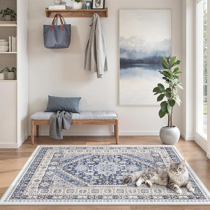 zesthome 4x6 Rug - Stain Resistant Washable Rug, Anti Slip Backing Rugs for Living Room, Foldable Vintage Small Area Rugs (Blue/Beige,4'x6')