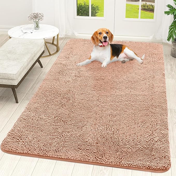 OLANLY Dog Door Mat for Muddy Paws 59x35, Absorbs Moisture and Dirt, Absorbent Non-Slip Washable Doormat, Quick Dry Chenille Mud Mat for Dogs, Entry Indoor Entryway Carpet for Inside Floor, Peach